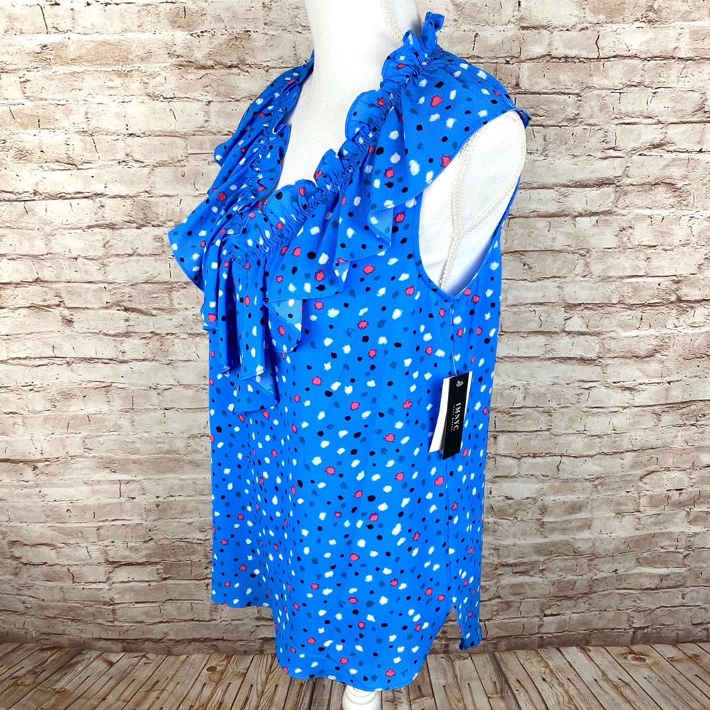 Isaac Mizrahi Sz M Sleeveless Ruffle V-Neck Confetti Dot Chelsea Top Blue NWT